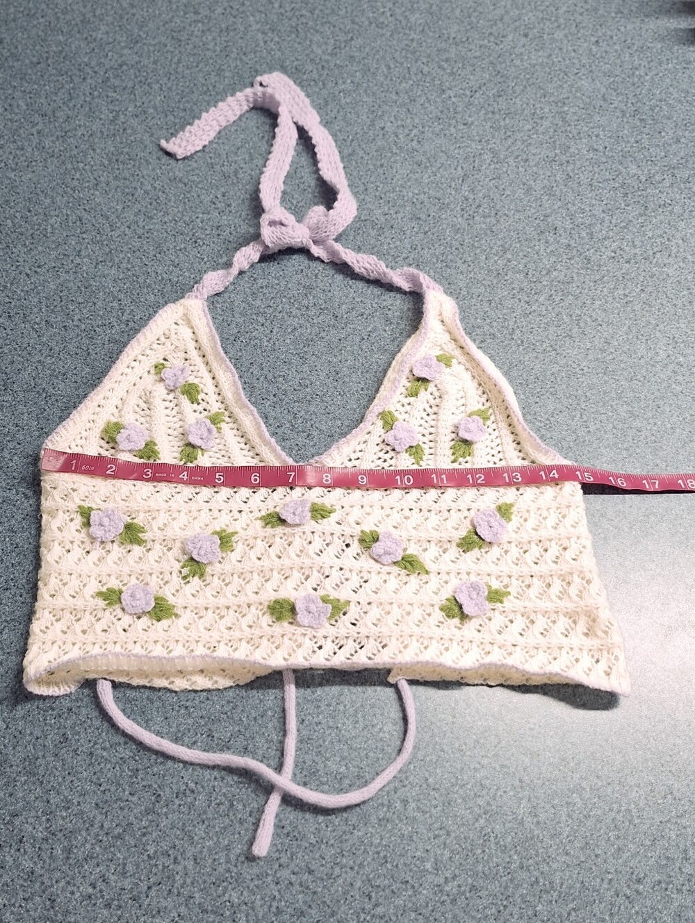 Kawaii Crochet Halter Crop Top with Lavender 3D Flowers, L(8-10) - Picture 11 of 13